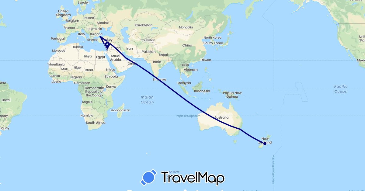 TravelMap itinerary: driving in Australia, New Zealand, Palestinian Territories, Qatar, Turkey (Asia, Oceania)
